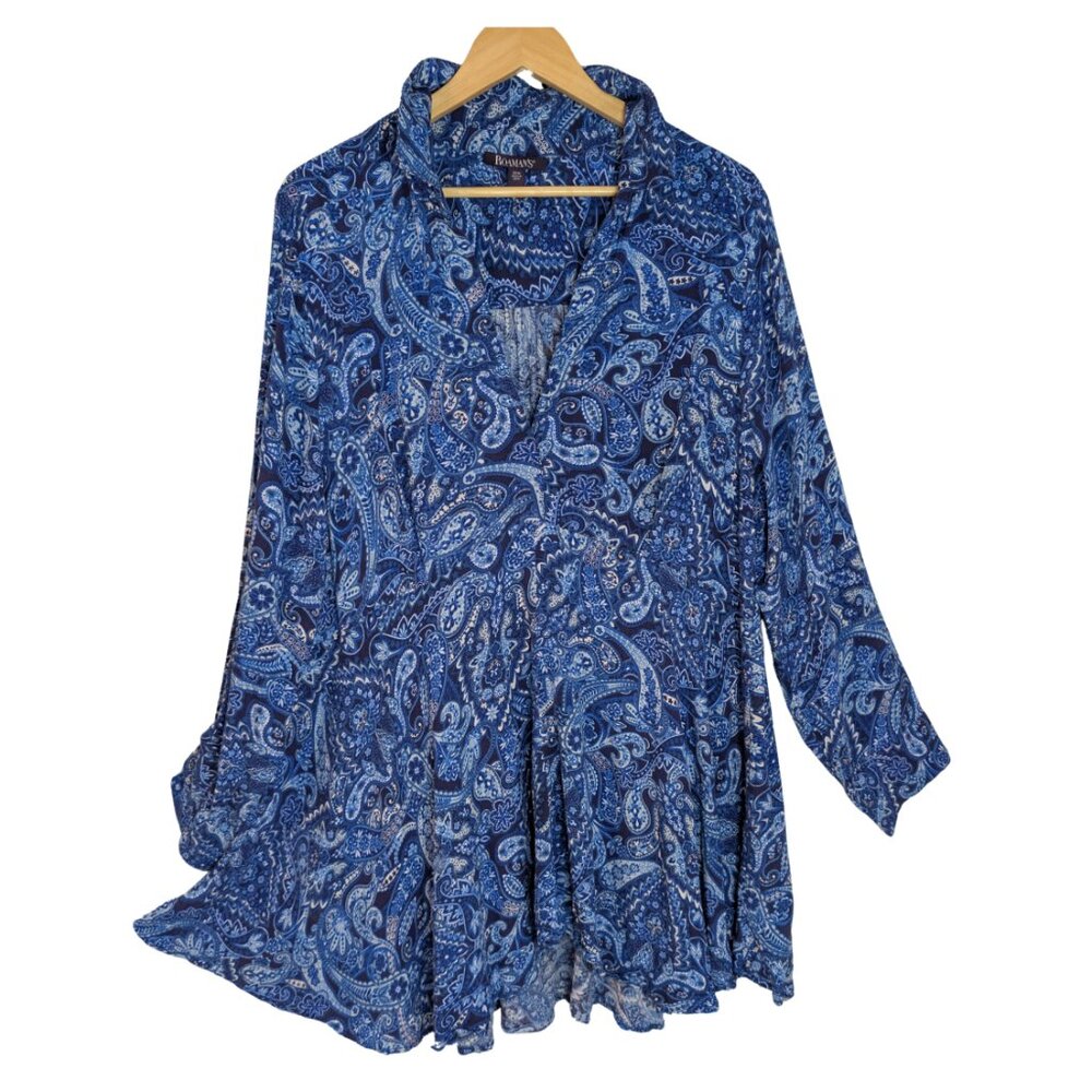 Roaman's Blue Paisley Boho/Peasant/Western Tunic Top | 22W | Hi-Lo Hem Like New